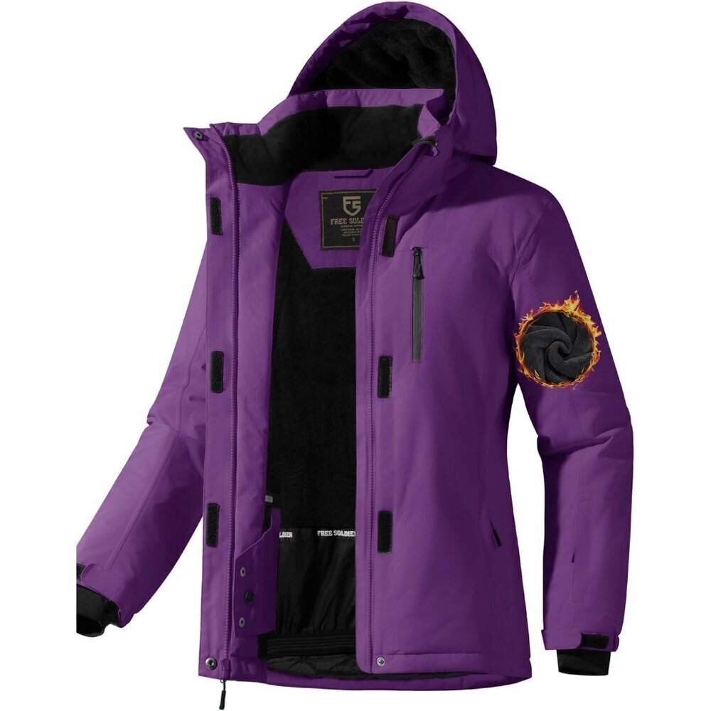 Women's Purple Waterproof Hood Ski Snow Jacket Fuzzy Fleece Lined Winter Warm